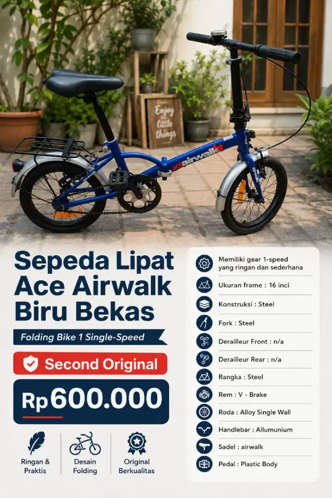 Sepeda Lipat Ace Airwalk Bekas Folding Bike 1 Speed Second Original