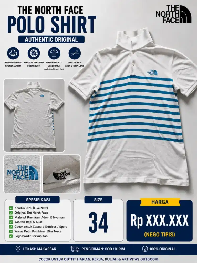 Polo Shirt The North Face Putih Biru Size M Like