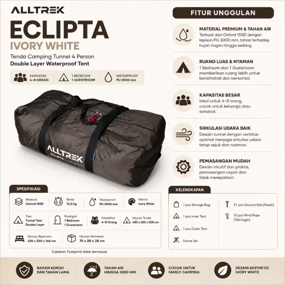 ALLTREK ECLIPTA Ivory White Tenda Camping Tunnel 4P Waterproof