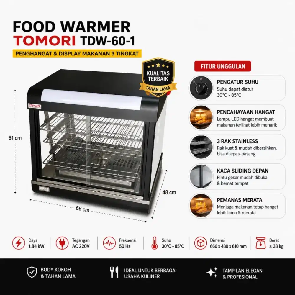 Food Warmer TOMORI TDW-60-1 Display Penghangat Makanan 3 Rak 220V