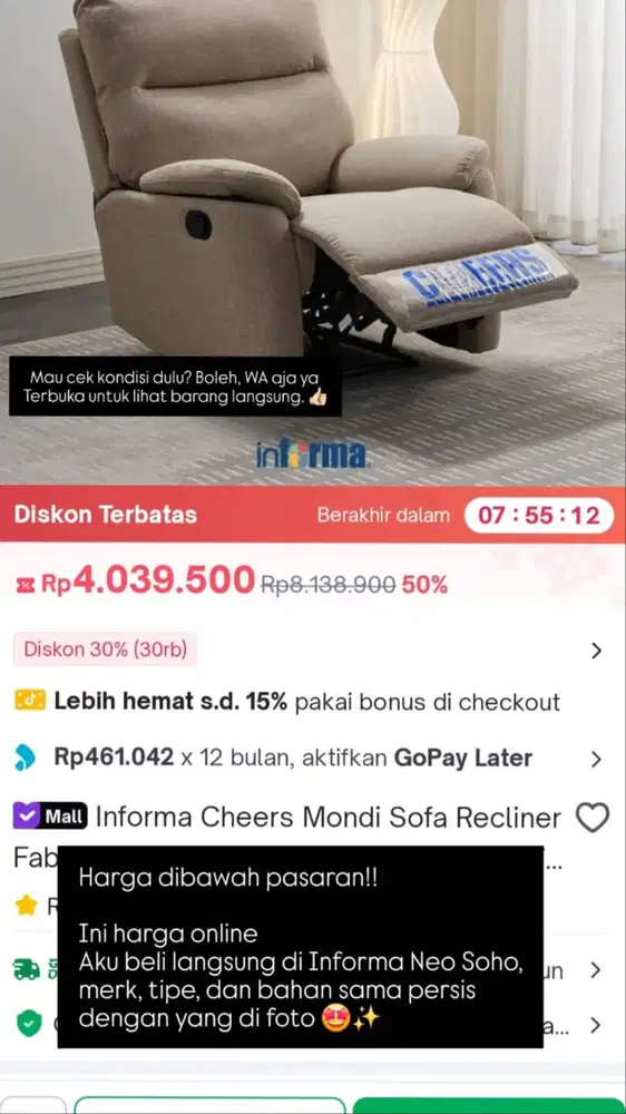 Dibawah harga pasaran Sofa Recliner Informa Original (Single Seater)