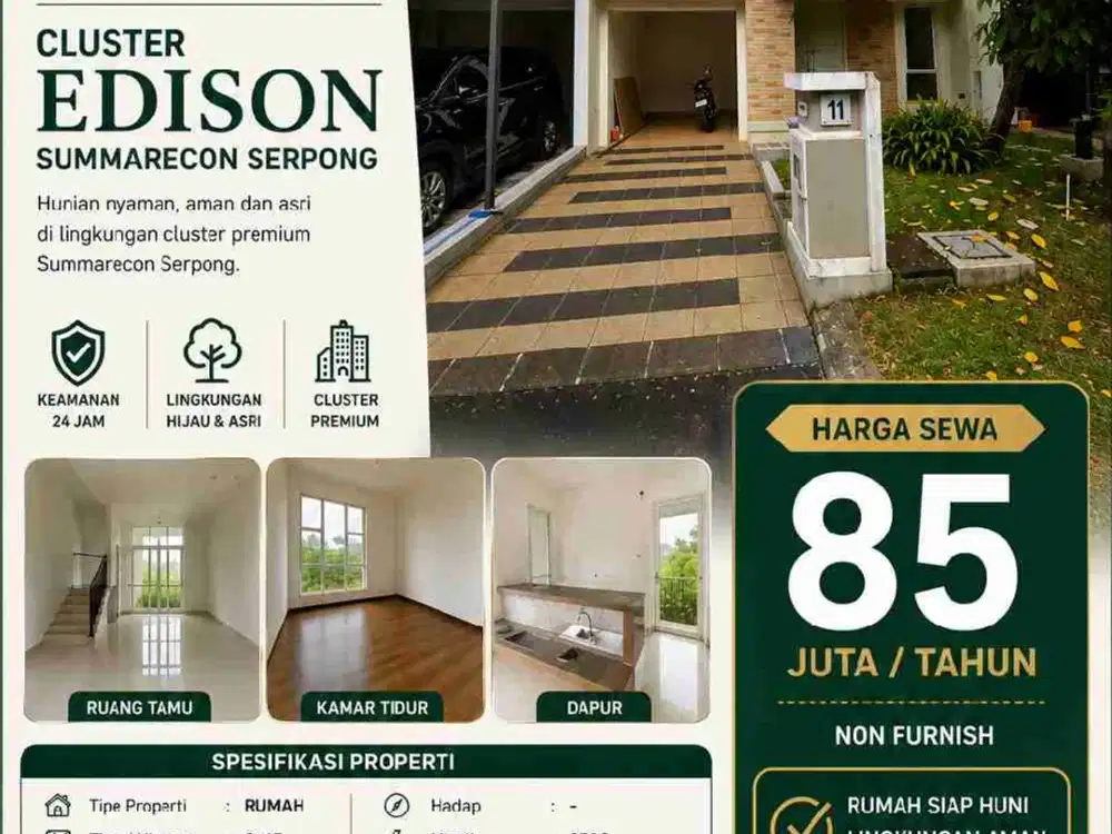 RUMAH DISEWAKAN DI CLUSTER EDISON SUMMARECON GADING SERPONG 4KAMAR RAPIH & TERAWAT