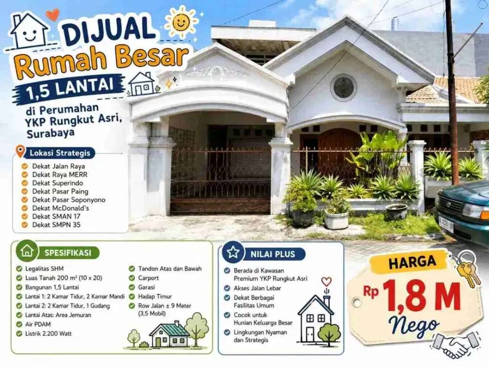Rungkut Surabaya | Jual Rumah Besar 1,5 Lt 200 m² YKP Rungkut Asri Mapan Menanggal Harapan SMAN 17 Yakaya MERR