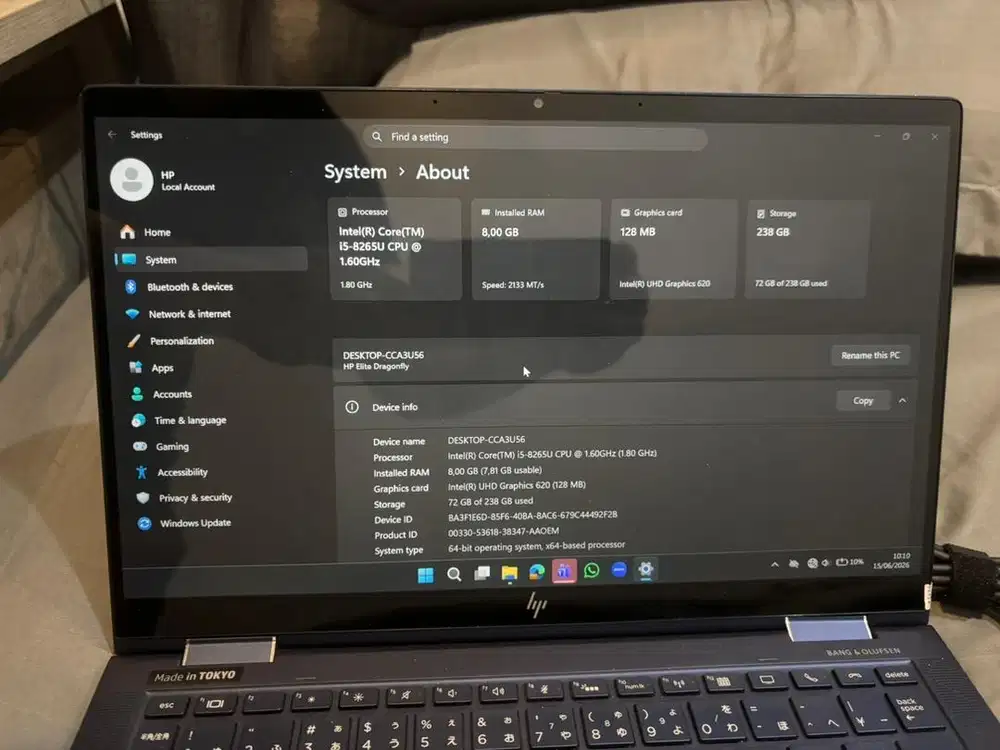 Laptop HP dragonfly touchscreen i5 gen 8 mulus