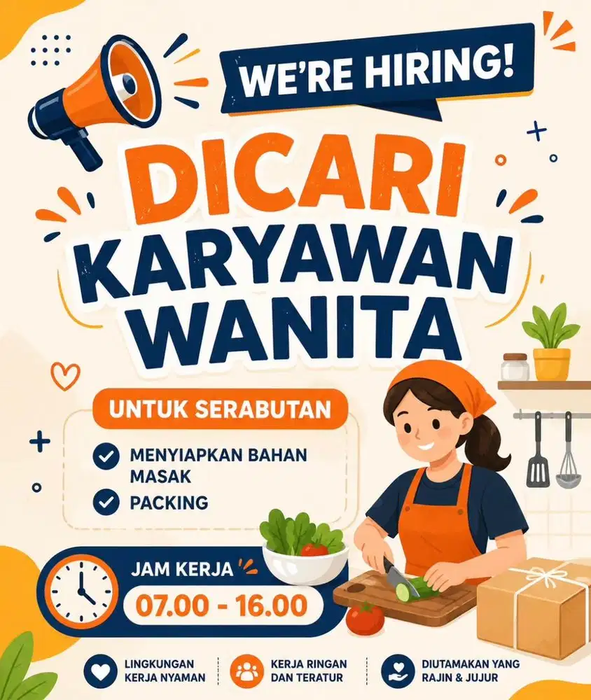SERABUTAN DAPUR JAM KERJA FLEKSIBEL. Umur 30-40 tahun