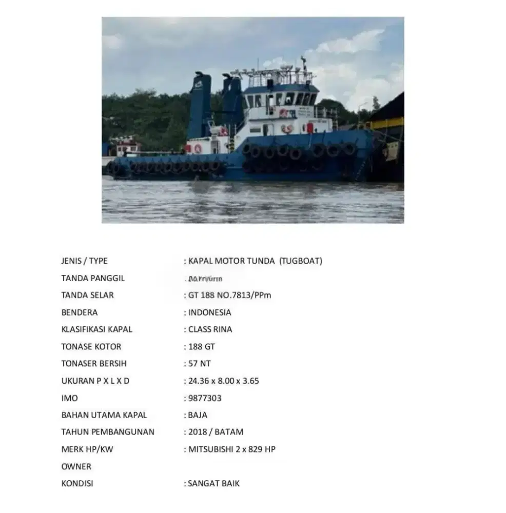 Di jual Tugboat & tongkang 300 feet jumbo tahun 2018 - 2018