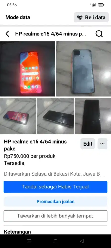 Dijual HP realme c15 RAM 4/ 64 minus pake, semoga normal
