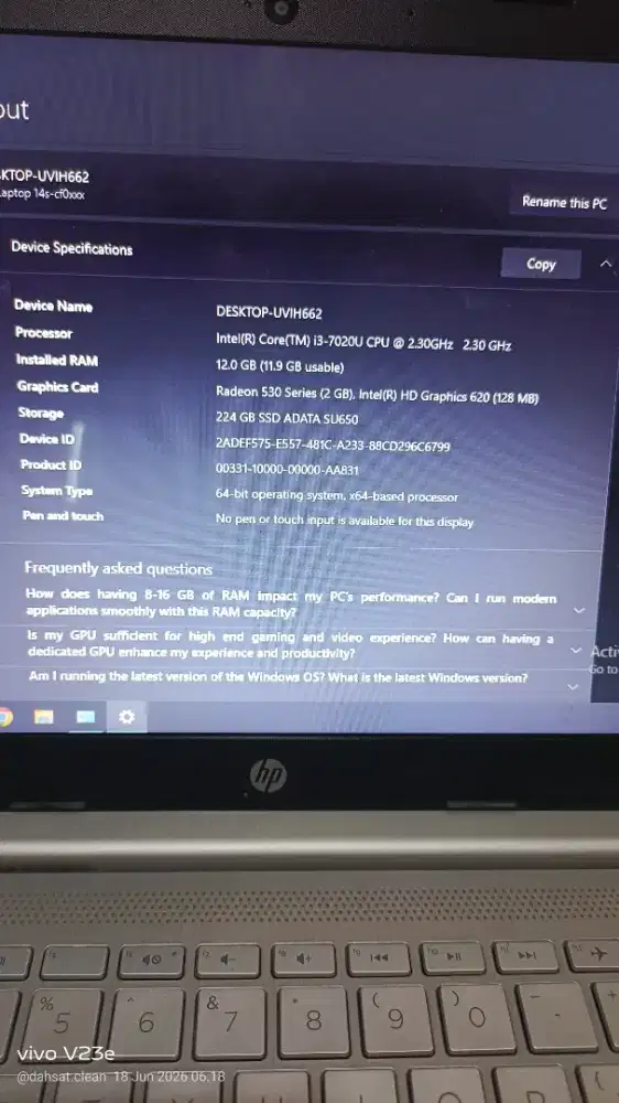 Jual Laptop HP i3-7200 CPU@2.3 GHZ 2.3 GHZ