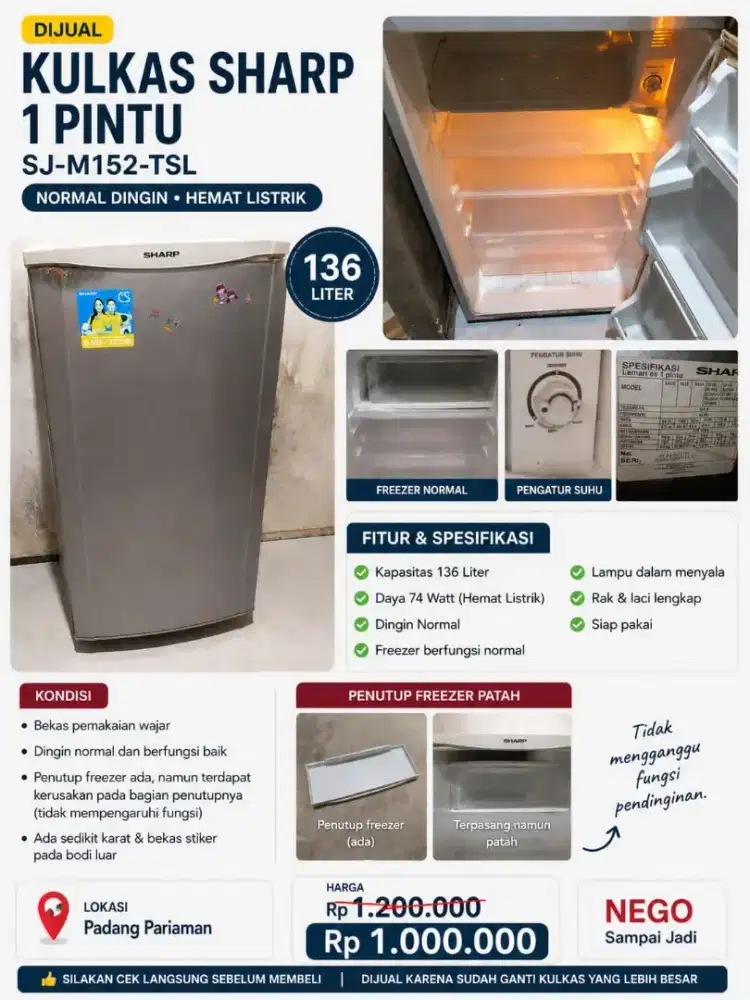 kulkas sharp 1 pintu dijual 1.000.000 bisa nego