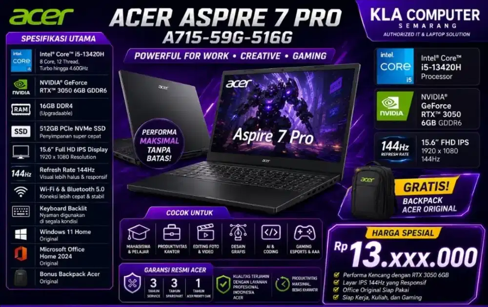 Acer Aspire 7 pro bisa Kredit dengan bunga 0% & free 2x d KLA Komputer