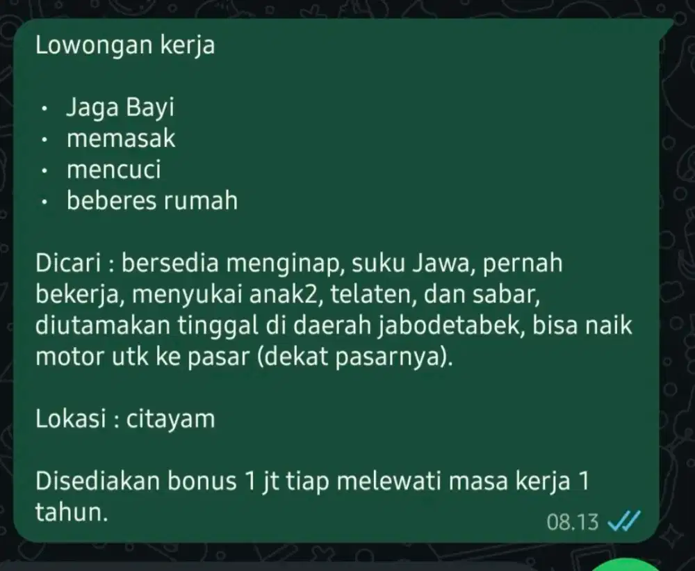 Mencari ART momong dan memasak.