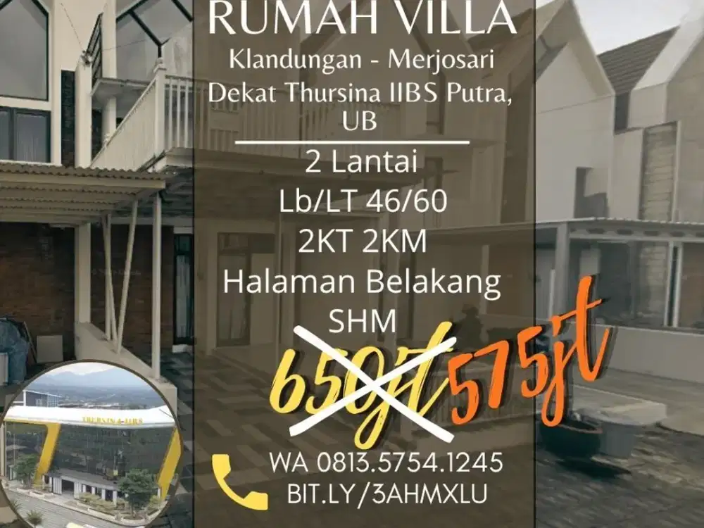 Rumah dijual di Joyoagung Merjosari 2Lt dekat IBBS UB UMM UIN 575jt