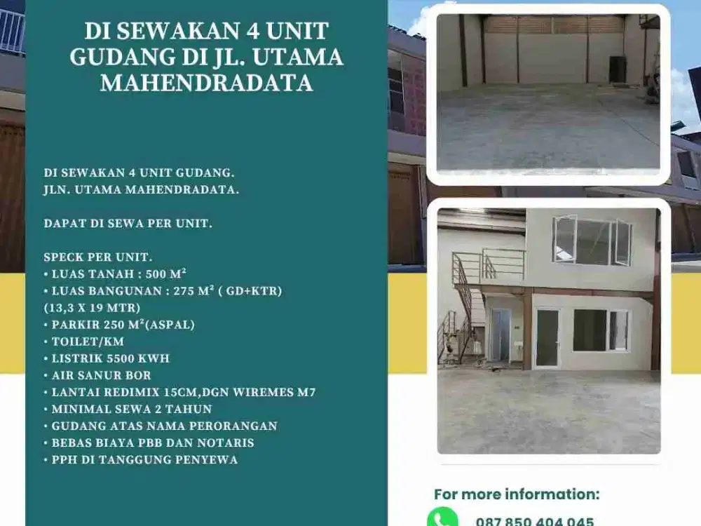 Di Sewakan 4 unit Gudang. Jln. Utama Mahendradata
