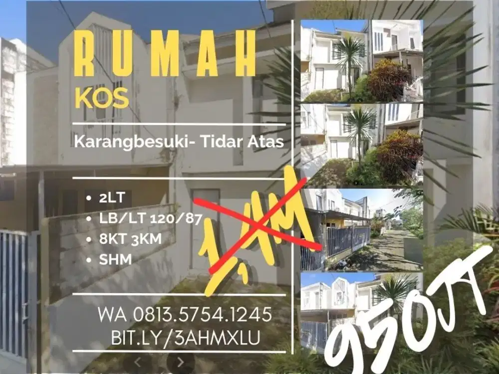Rumah kos dijual di Gasek TidarAtas Karangbesuki 8KT LB120 hanya 950jt