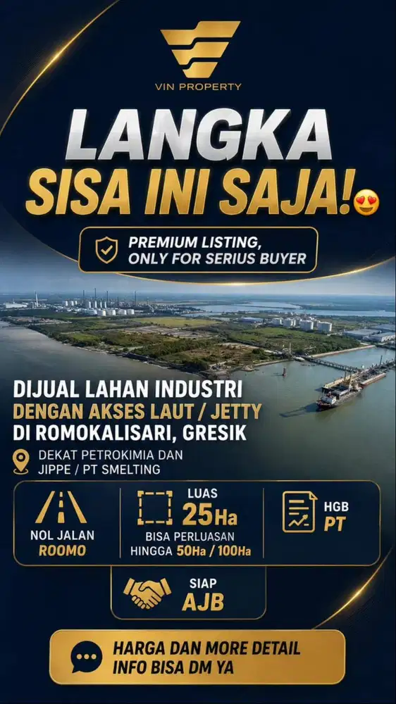 Dijual Lahan Industri dengan Akses Laut di Nol Jl Roomo Manyar Gresik