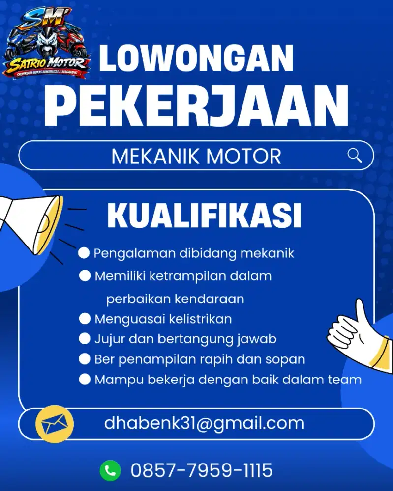 DIBUTUHKAN SEGERA MEKANIK ATAU MONTIR MOTOR YG SUDAH BERPENGALAMAN
