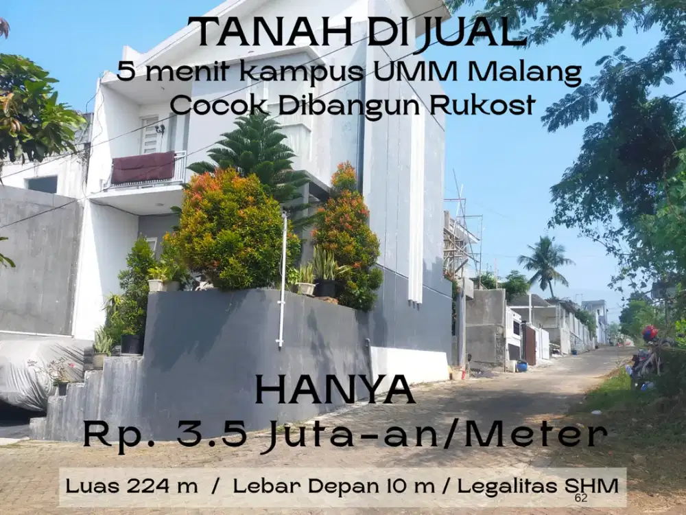 Cocok Dibangun Rumah 5 Menit Kampus UMM Malang SHM Split Lebar Jalan 6 Meter