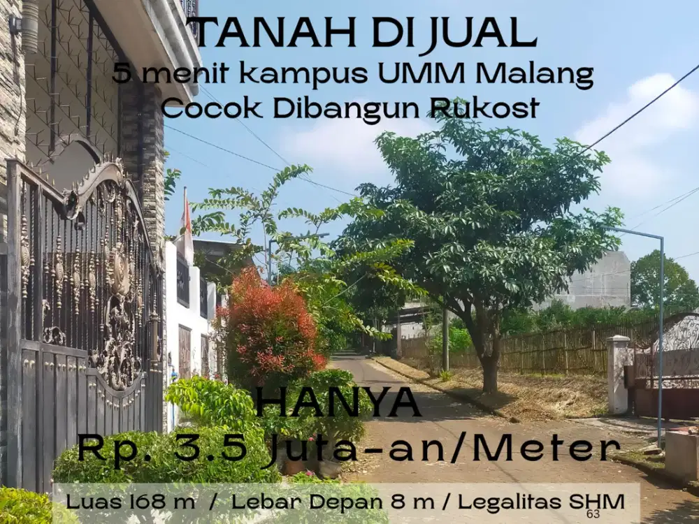 SHM Ready 5 Menit Kampus UMM Malang Lebar Jalan 6 Meter Cocok Dibangun Rukost