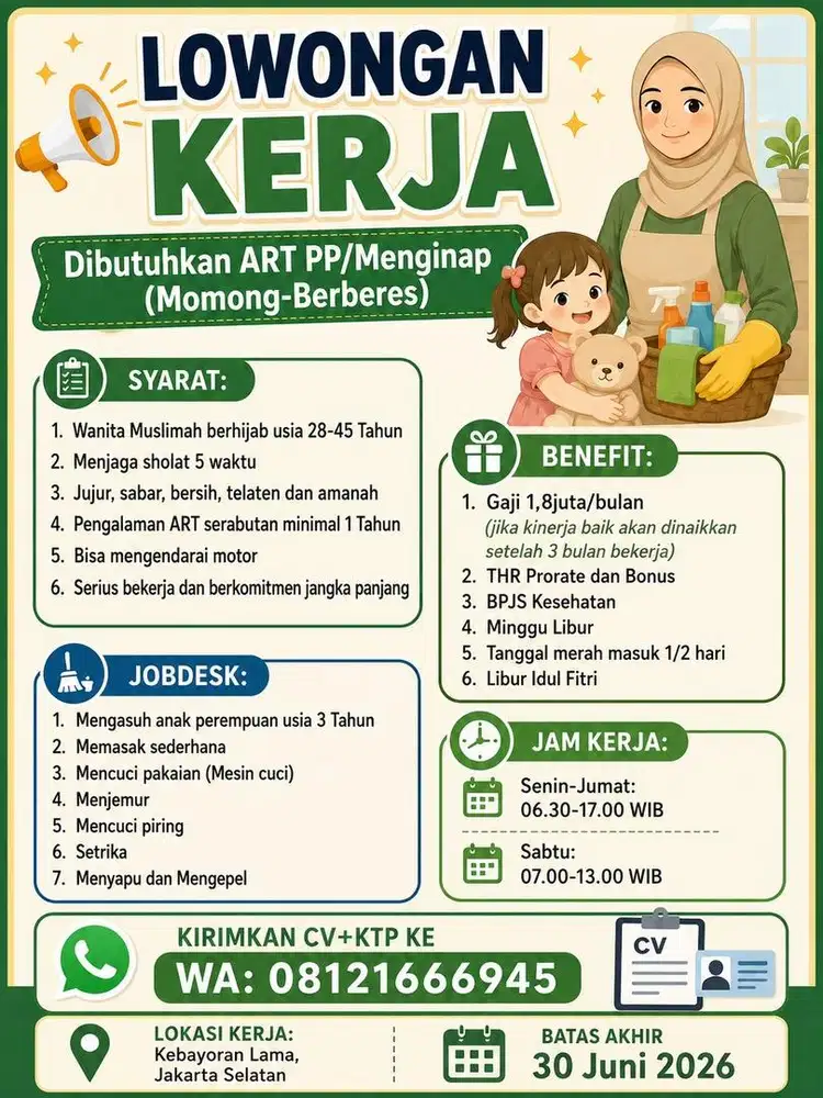 Lowongan ART PP/Menginap (Berberes Momong)