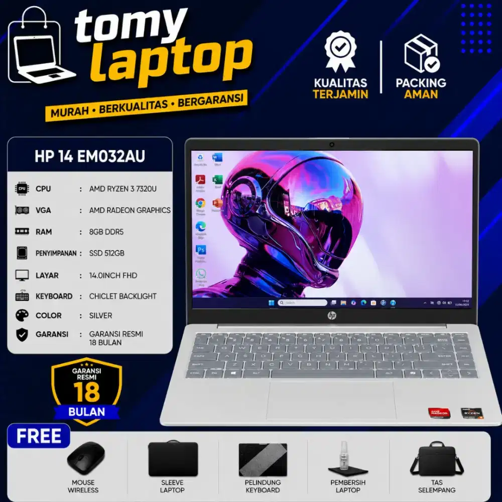 HP 14 EM032AU AMD RYZEN 3 7320U AMD RADEON GRAPHICS RAM 8GB SSD 512GB