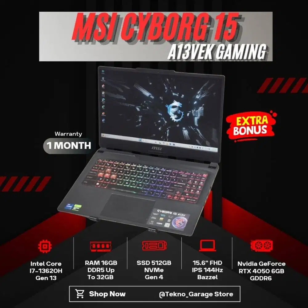 MSI CYBORG 15 A13VEK CORE I7-13620H RAM 16GB SSD 512GB RTX 4050
