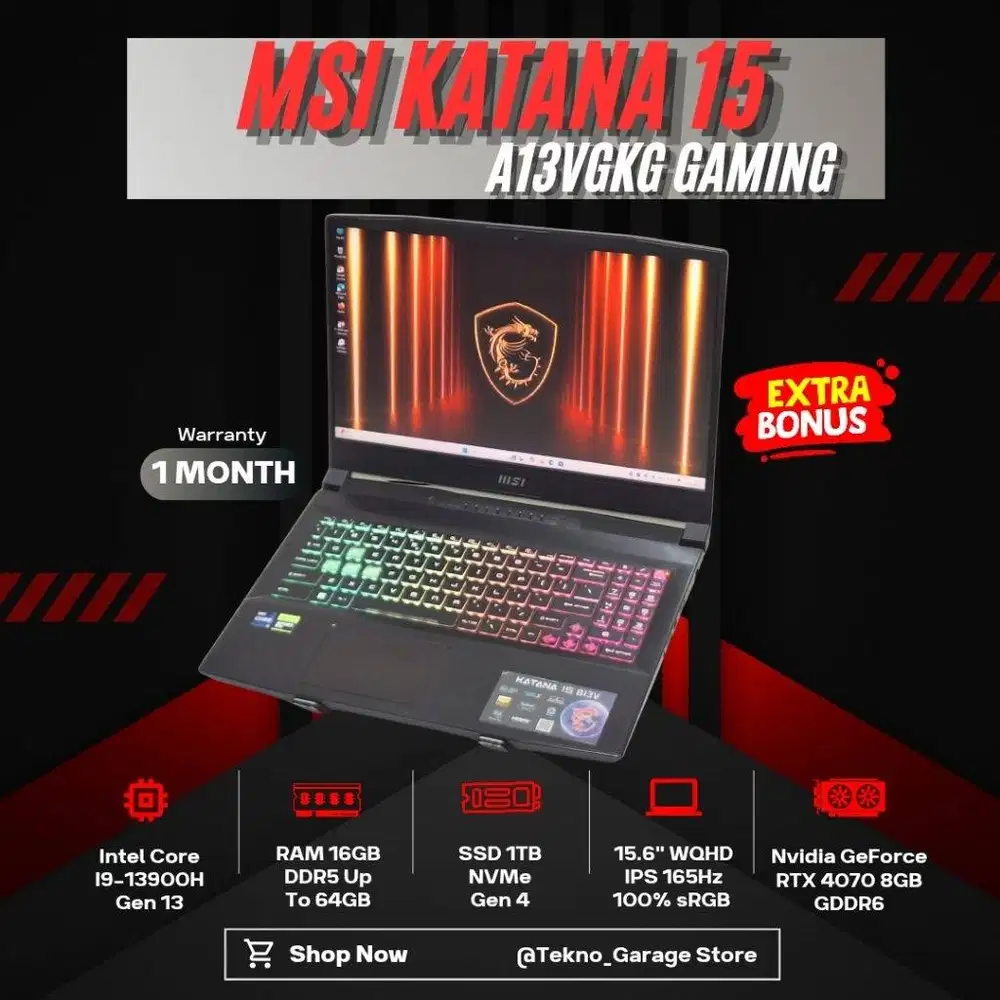 MSI KATANA 15 A13VGK CORE I9-13900H RAM 16GB SSD 1TB NVIDIA RTX 4070