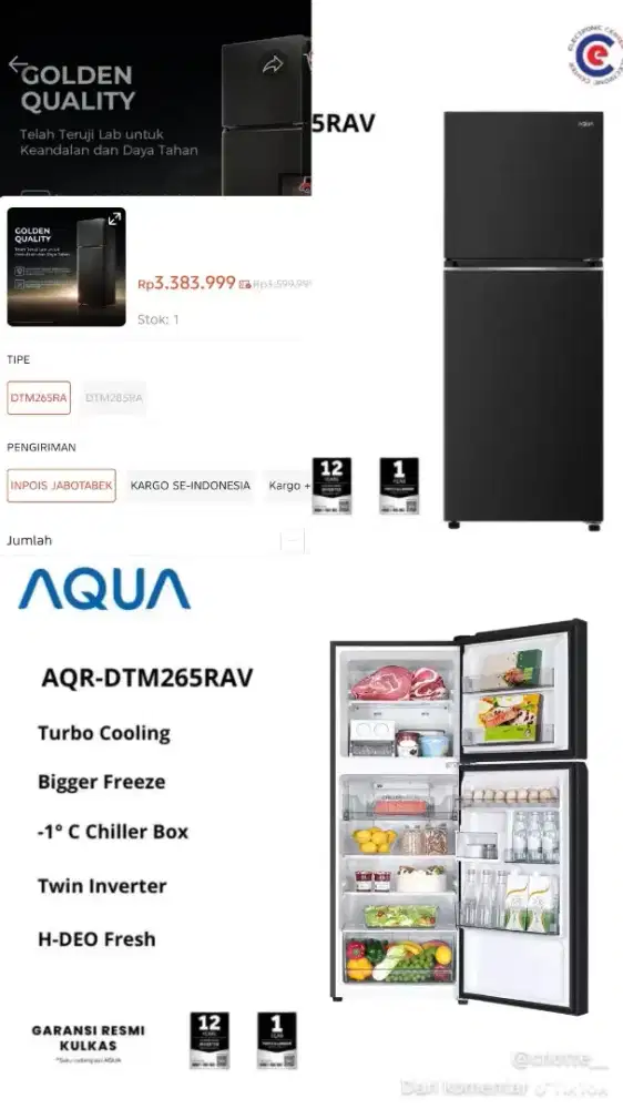 Kulkas AQUA Twin Inverter Garansi On Like New