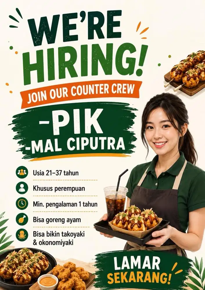 DICARI CREW MASAK TAKOYAKI MASAKAN JEPANG KHUSUS PEREMPUAN
