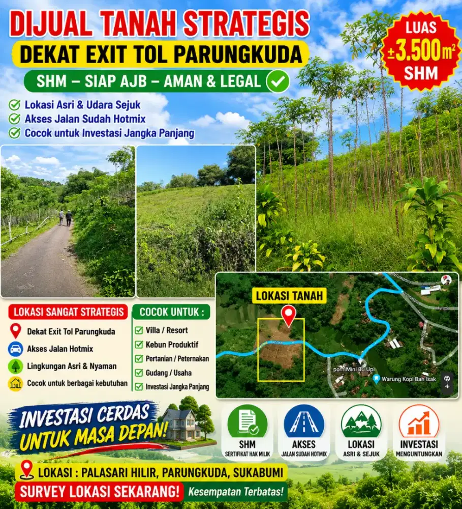 DIJUAL CEPAT! TANAH produktif 1500 m² DEKAT EXIT TOL PARUNGKUDA