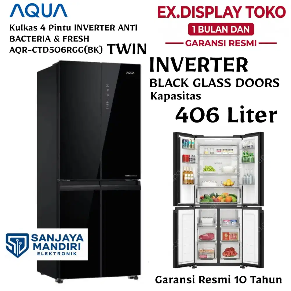 AQUA Kulkas 4 Pintu INVERTER Black Glass Doors AQR-CTD506RGG(BK)
