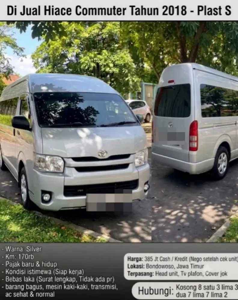 Di jual HIACE COMMUTER tahun 2018 Plat S, warna silver, KM 170rb