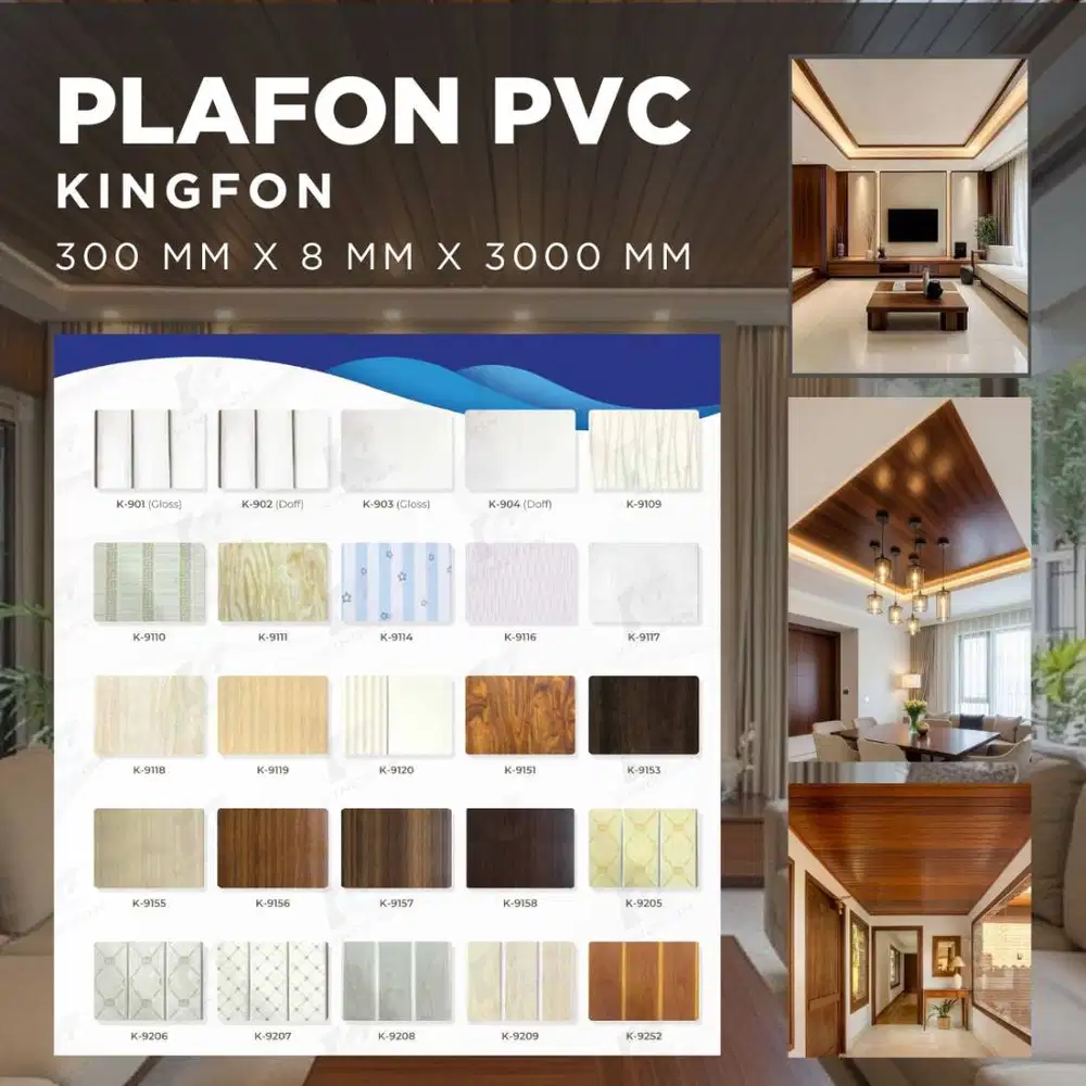 Plafon PVC Kingfon 8mm Motif Kayu & Polos | Anti Rayap Anti Air | Ukur