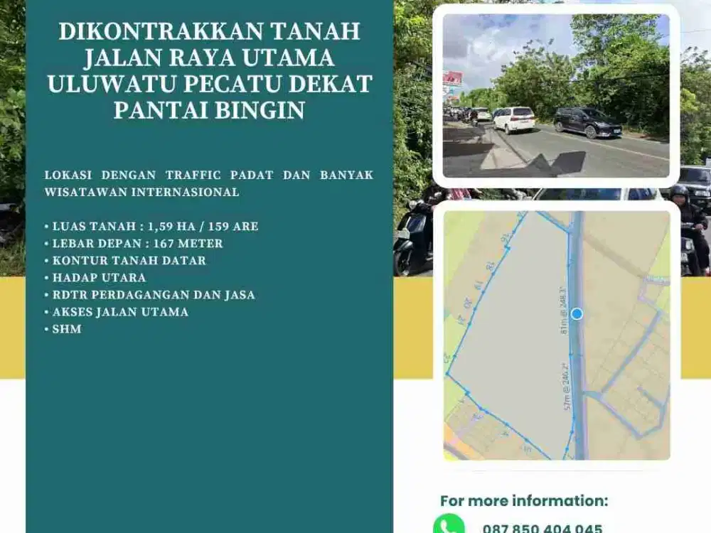 DIKONTRAKKAN TANAH JL. RAYA UTAMA ULUWATU PECATU DEKAT PANTAI BINGIN