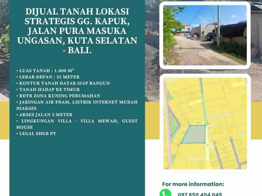 Dijual Tanah lokasi Strategis Gg. Kapuk, Jalan Pura Masuka Ungasan, Kuta Selatan - Bali.