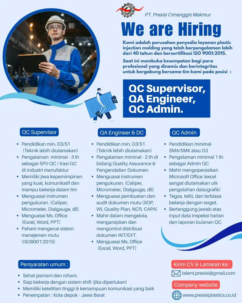 DIBUTUHKAN SUPERVISOR QAC, QA ENGINEER, PETUGAS QUALITY CONTROL