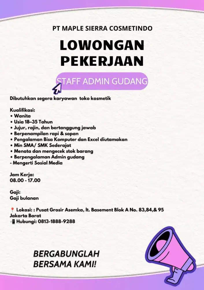 Loker Staff Admin Gudang