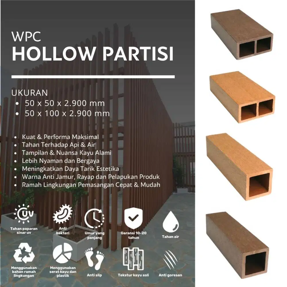 WPC Hollow Partisi 50x50 100x50 2900mm Kayu Plastik Outdoor Anti Air