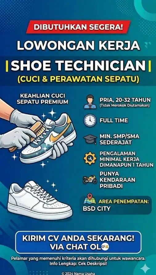 Lowongan Pria Cuci Sepatu daerah Bsd City Serpong Tangerang Selatan