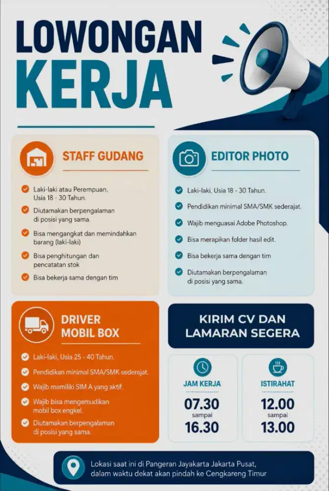 Lowongan kerja editor photo, staff gudang, dan driver