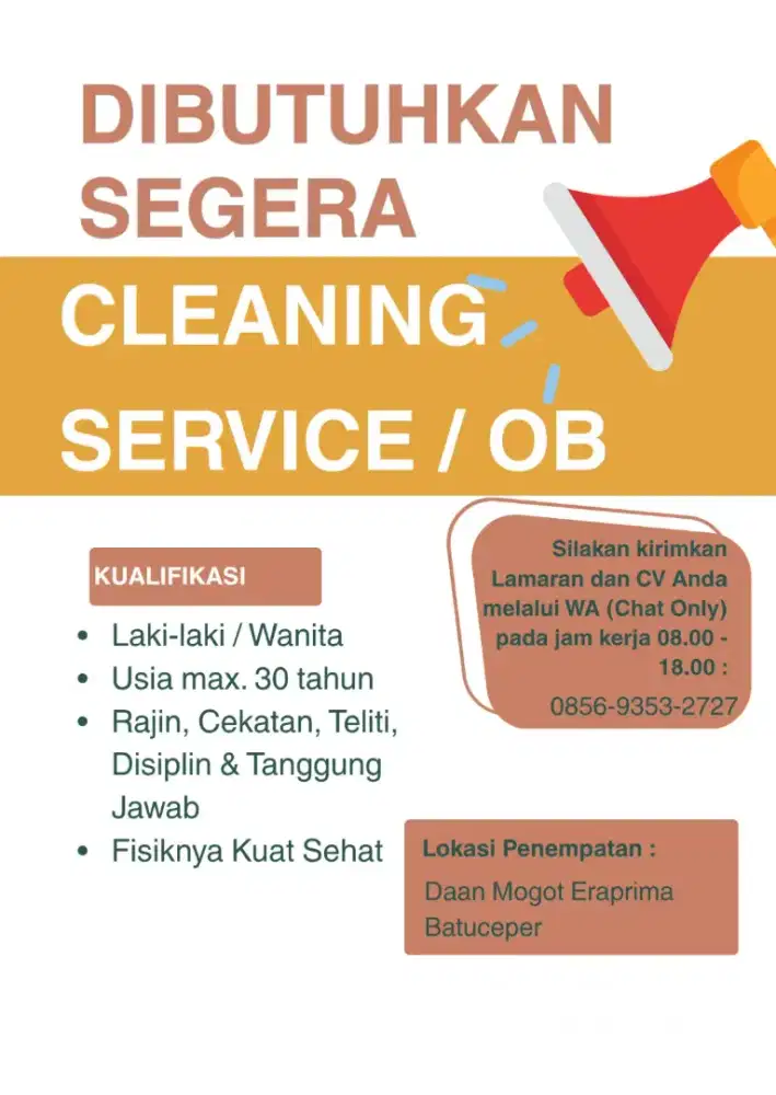 DIBUTUHKAN SEGERA CLEANING SERVICE / OB