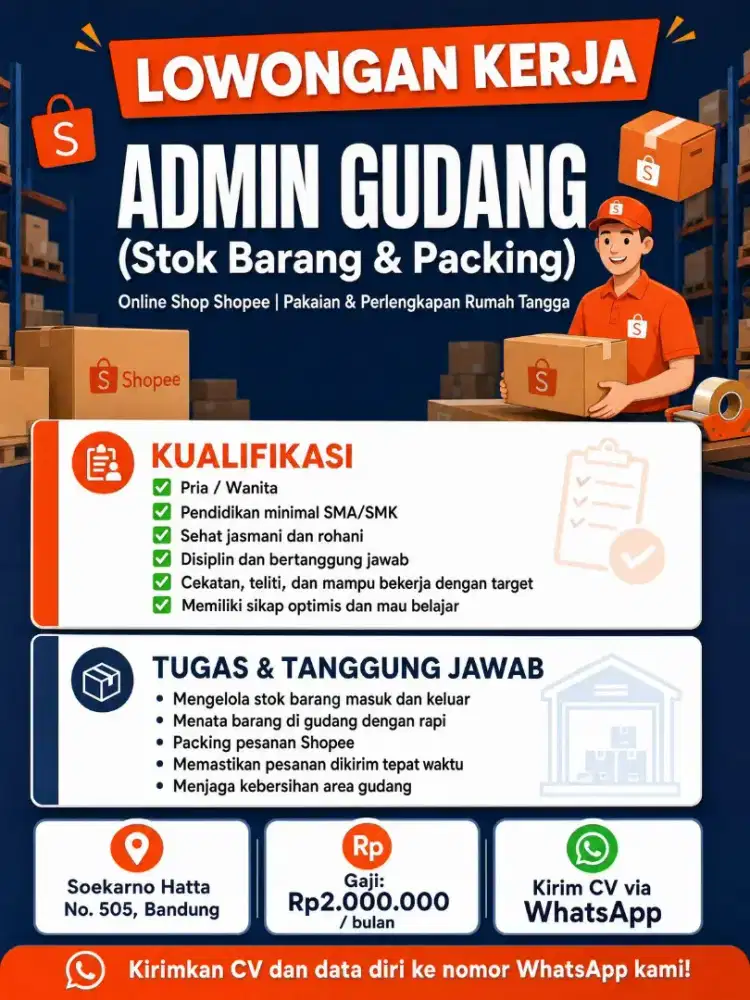 LOWONGAN KERJA ADMIN GUDANG (STOK BARANG & PACKING)