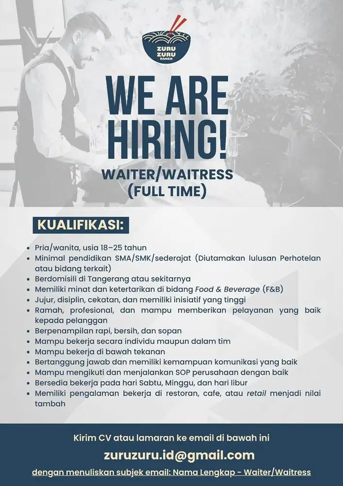LOKER WAITER/WAITRESS (Daerah Gading Serpong)