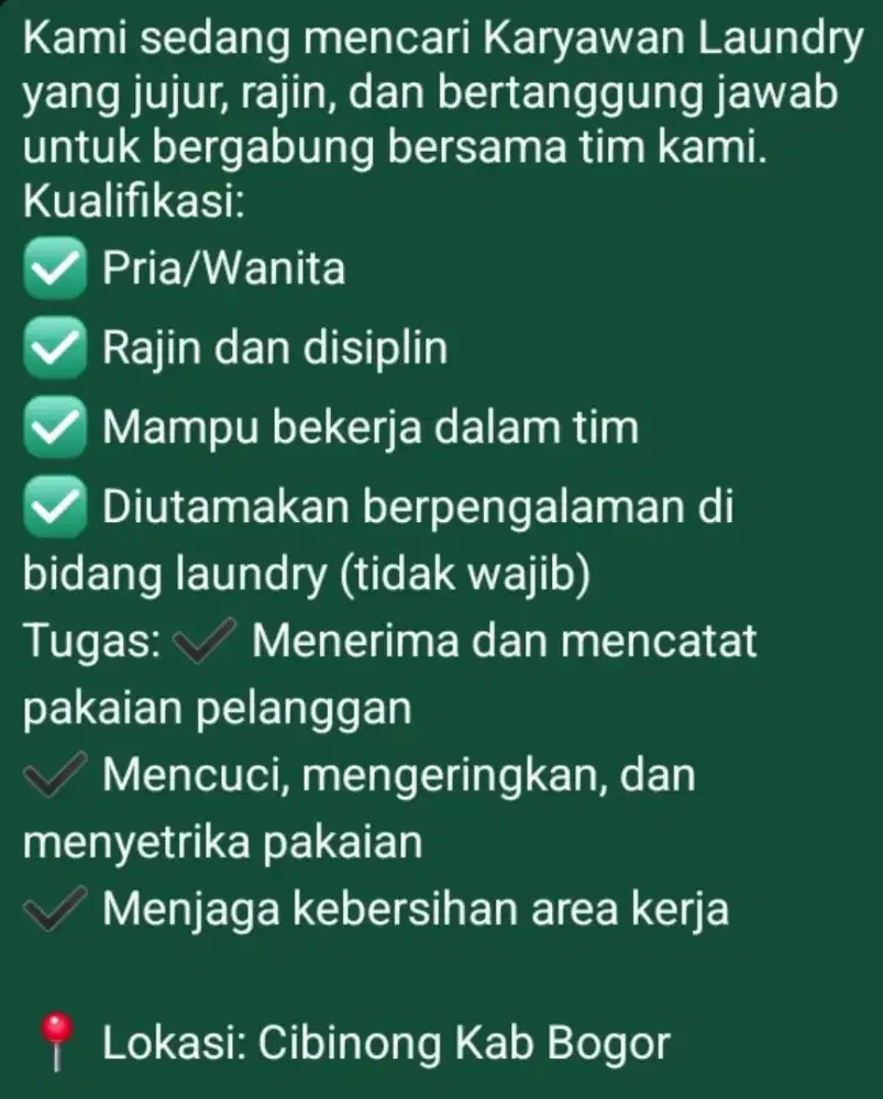 Dibutuhkan Karyawan Loundry Segera