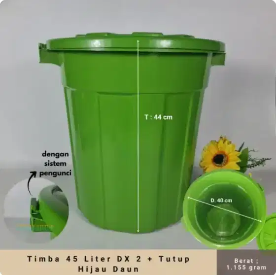Timba 45 Liter DX 2 + Tutup ( Coklat,Tosca & Hijau)