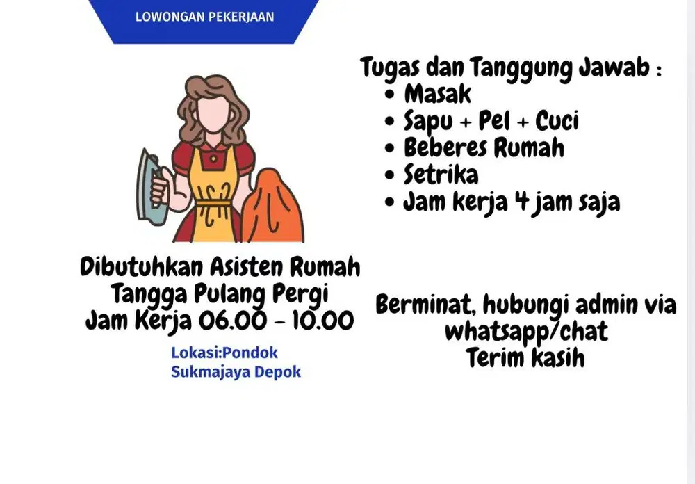 Dibutuhkan Asisten Rumah Tangga Pulang Pergi