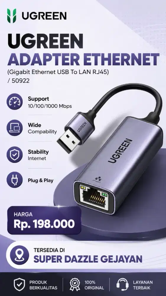 UGREEN ETHERNET ADAPTER USB TO LAN RJ45 (50922)