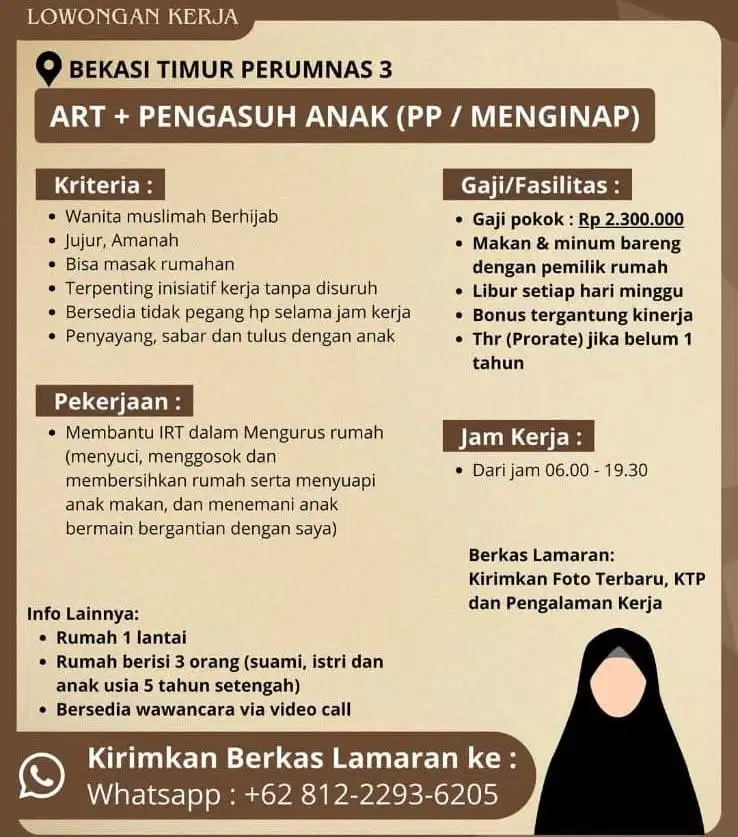 Lowongan ART + Pengasuh Anak – Bekasi Timur Perumnas 3 (Gaji 2,3jt)