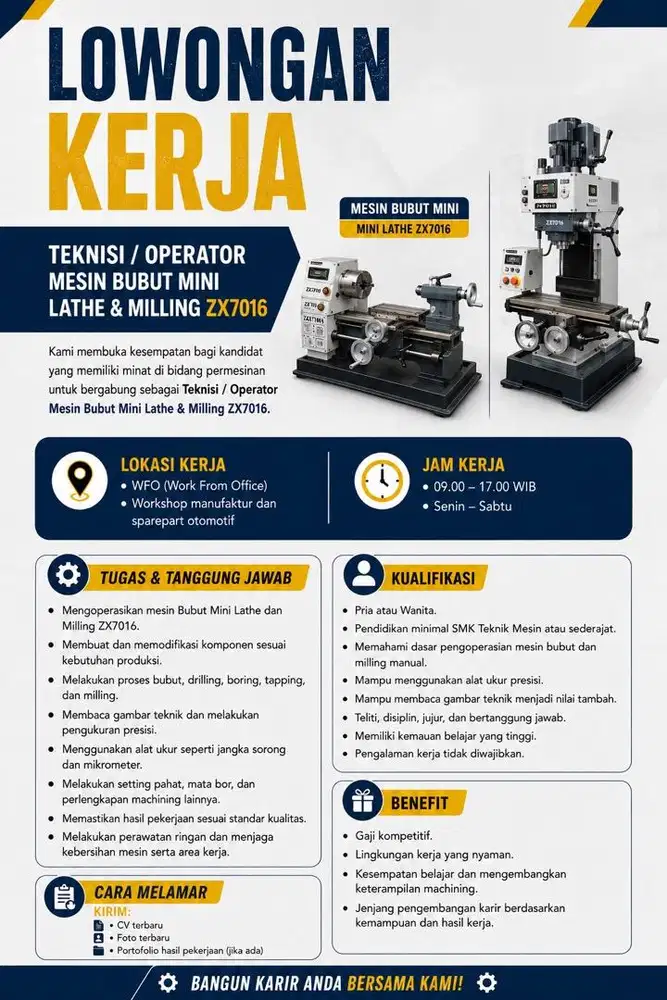 LOKER LOWONGAN KERJA TEKNISI OPERATOR MESIN BUBUT MINI LATHE & MILLING