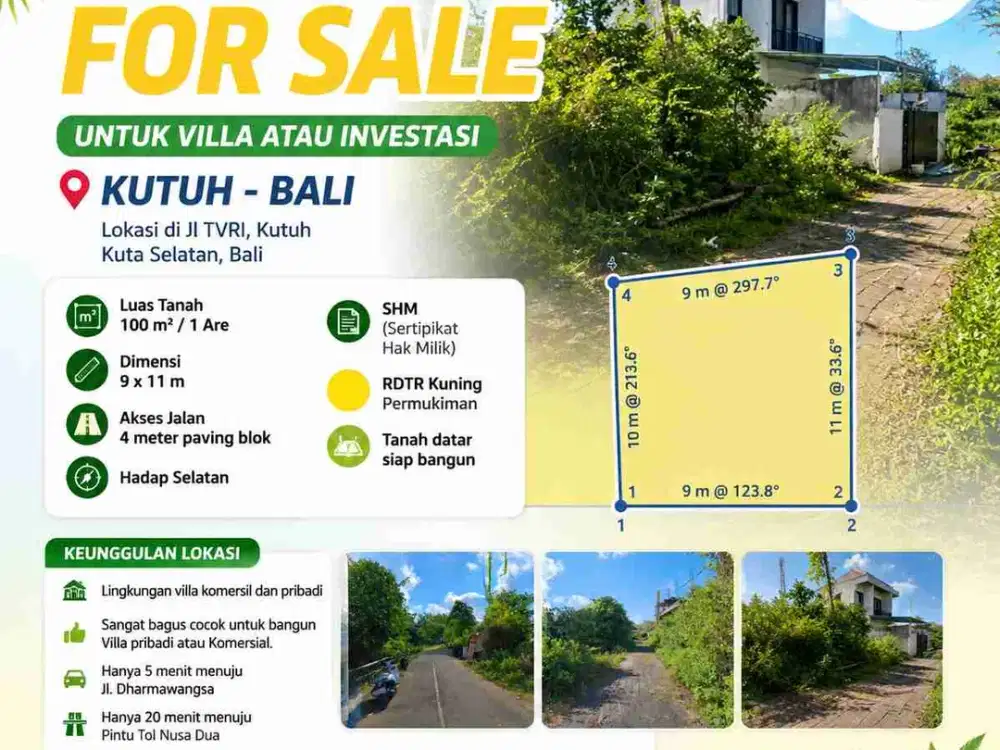 Jual Cepat Tanah Luas 1 are/100m2 Zona Kuning area Kutuh Kuta selatan. area Investasi