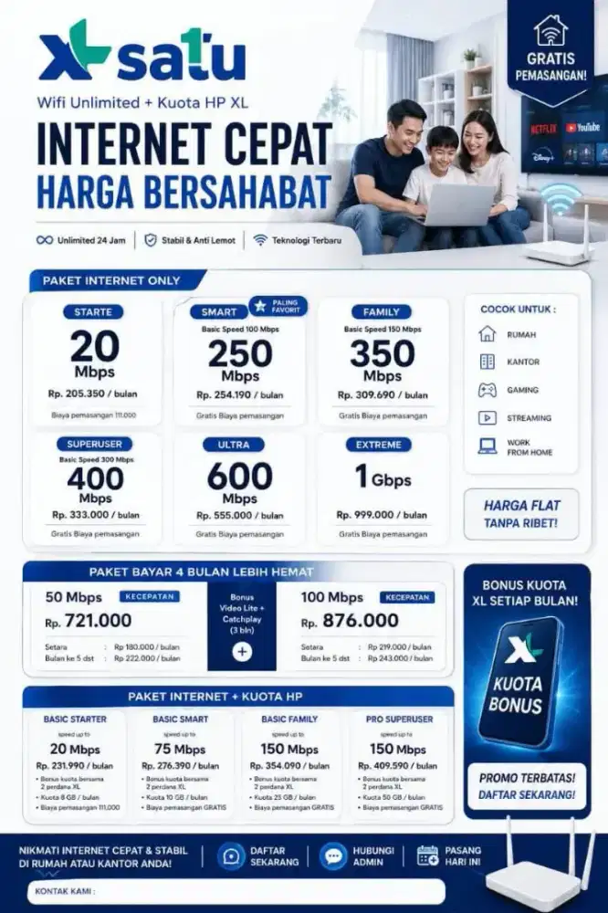 Promo pasang baru wifi XL Satu atau First Media